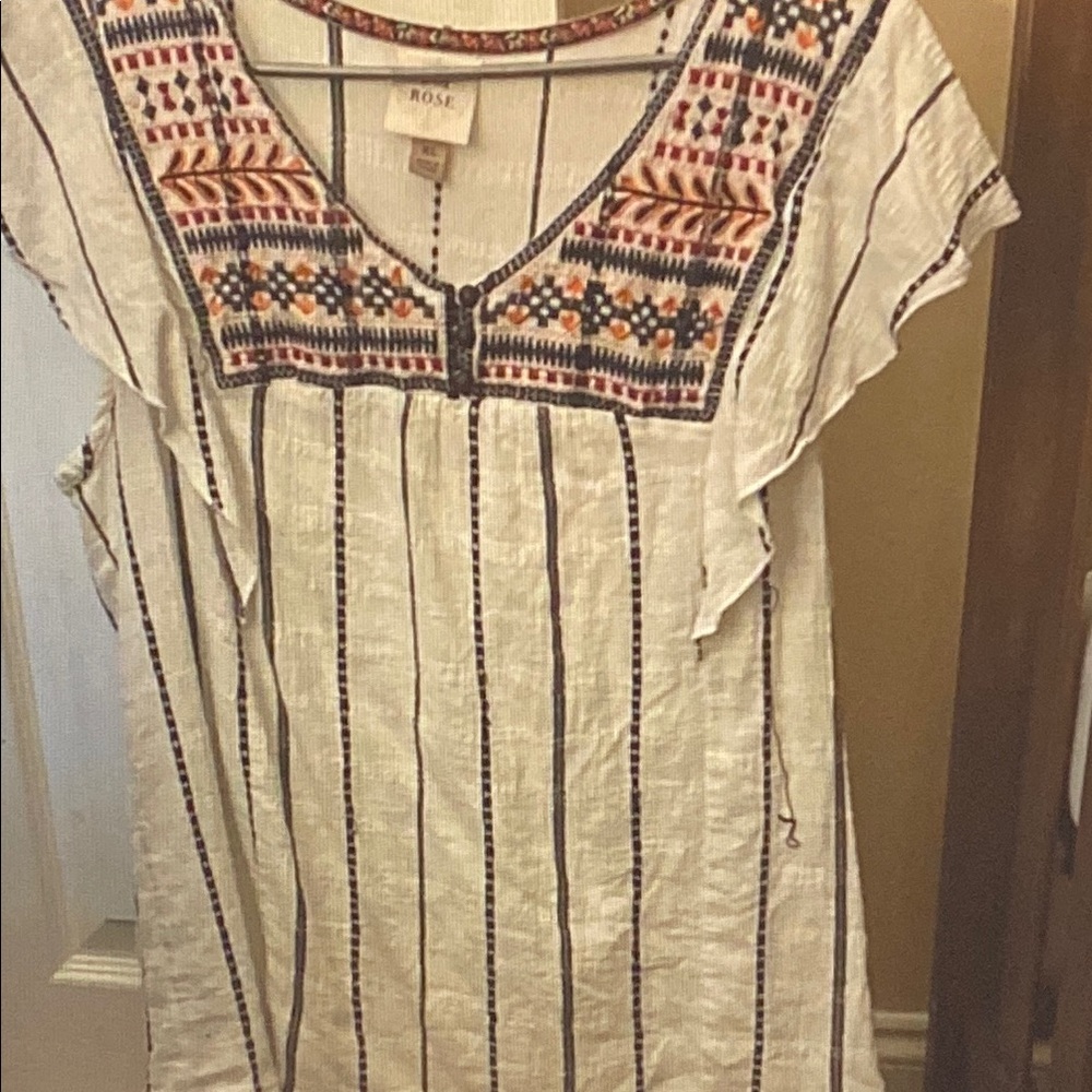 Knox Rose Cream Embroidered Striped Flutter Sleeve Blouse